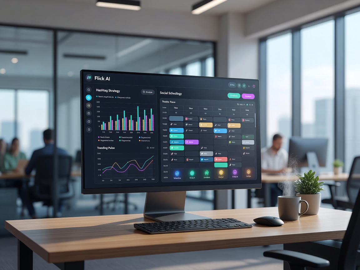 Flick AI hashtag strategy and social scheduling platform view