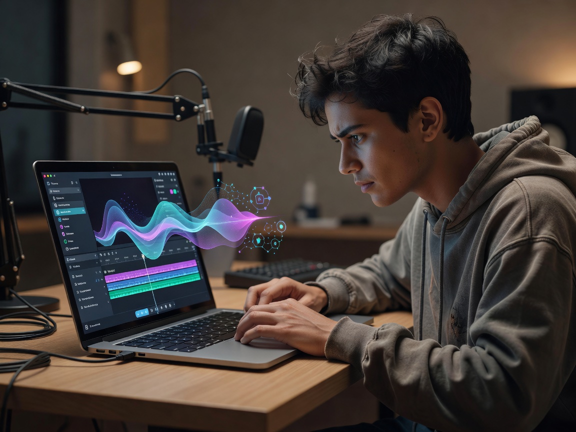 Social media video editor working on laptop screen